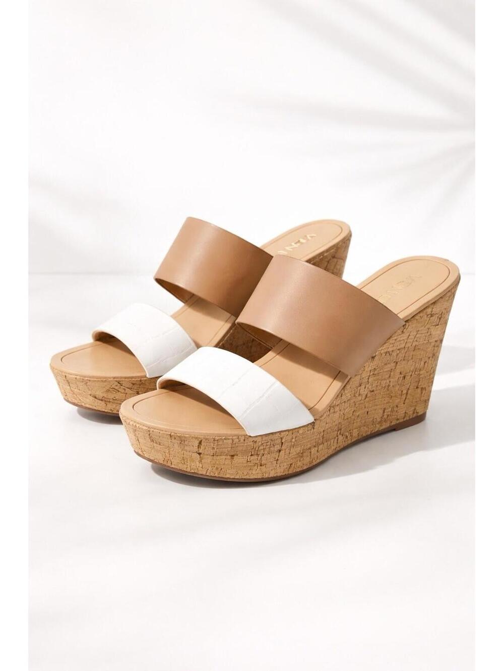Venus Cork Wedge Sandals Tan White Double Strap Slide Womens Size 8 Platform